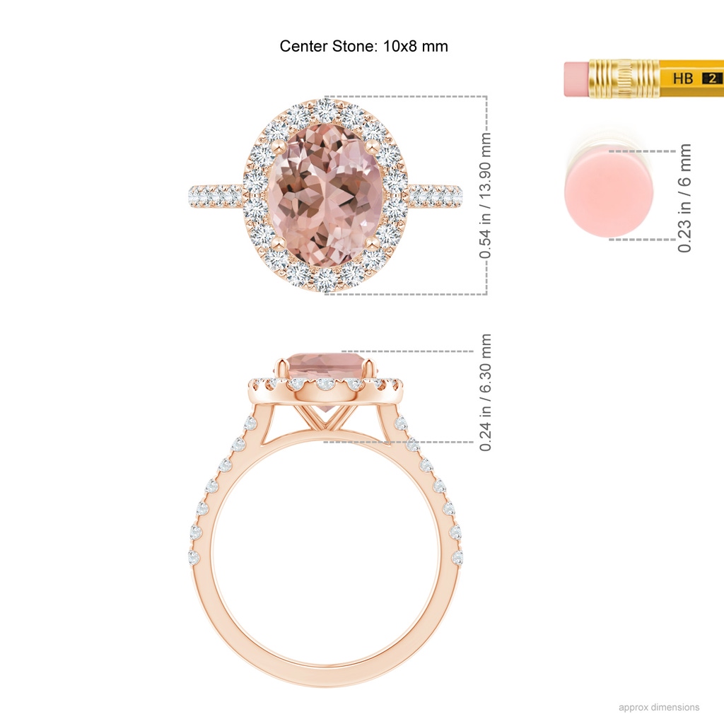 10x8mm AAAA Oval Morganite Halo Ring with Diamond Accents in Rose Gold ruler