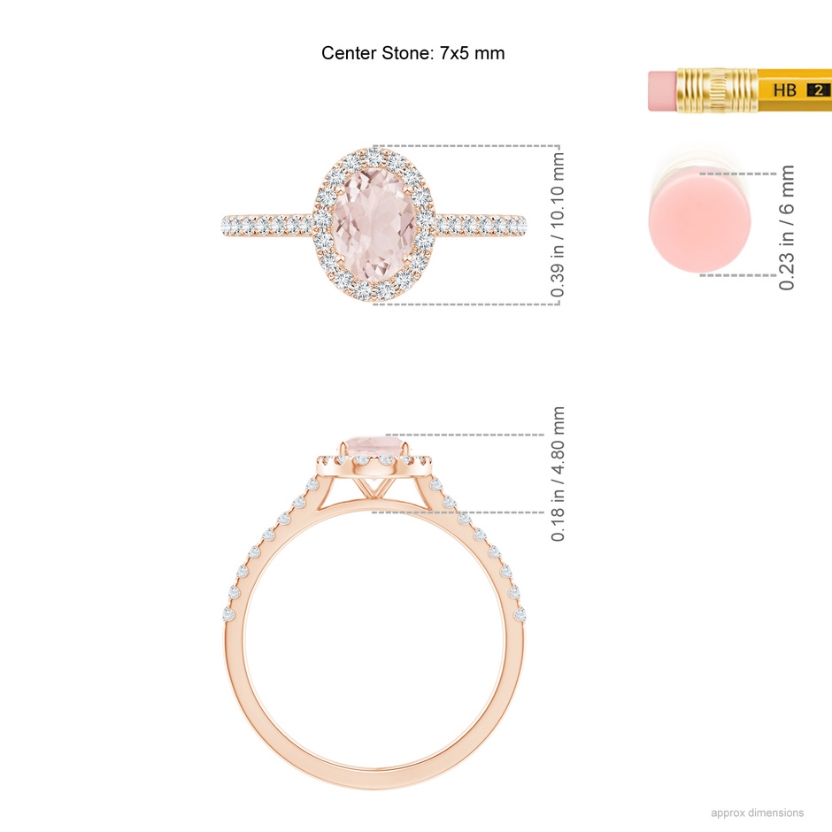 7x5mm A Oval Morganite Halo Ring with Diamond Accents in 9K Rose Gold ruler