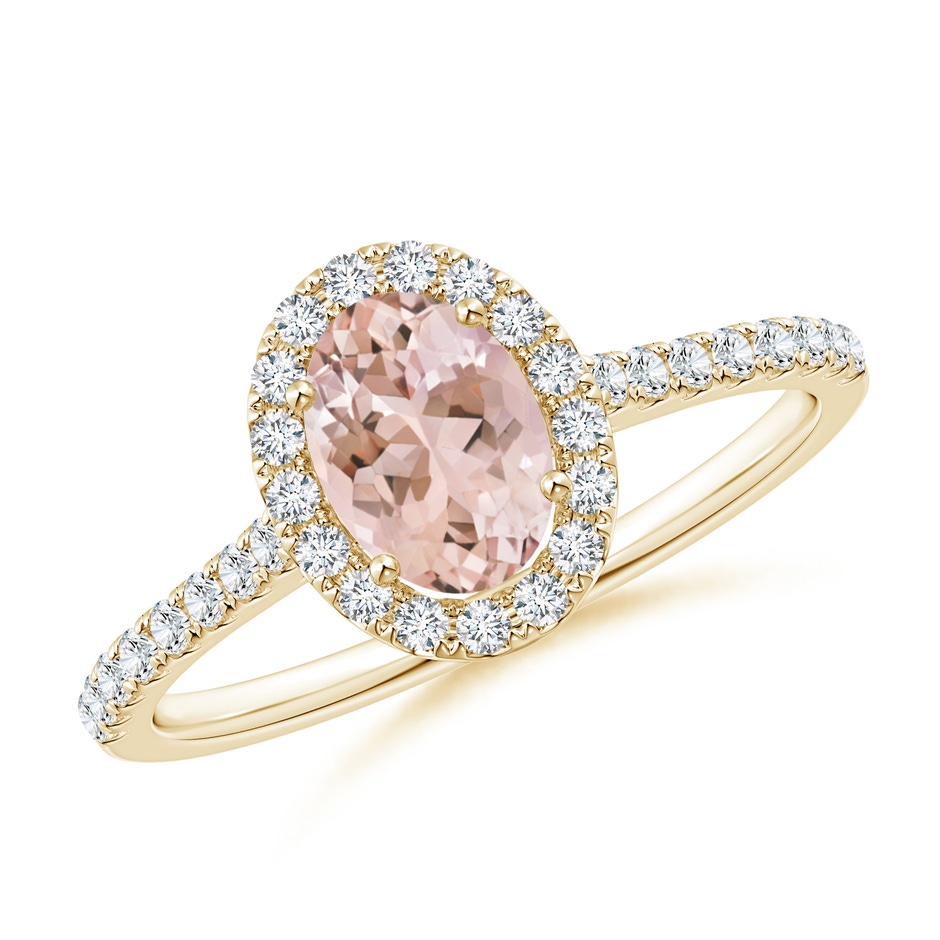7x5mm AAAA Oval Morganite Halo Ring with Diamond Accents in Yellow Gold 