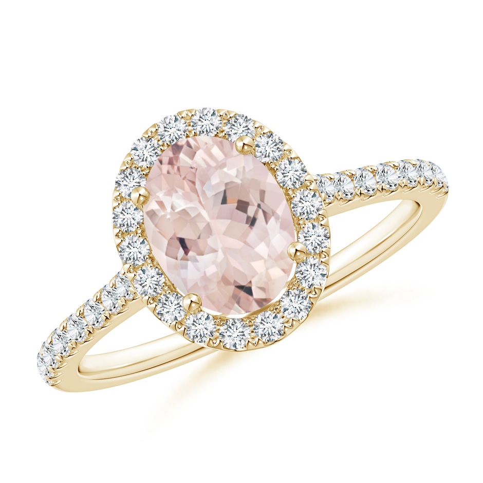 8x6mm AA Oval Morganite Halo Ring with Diamond Accents in Yellow Gold 