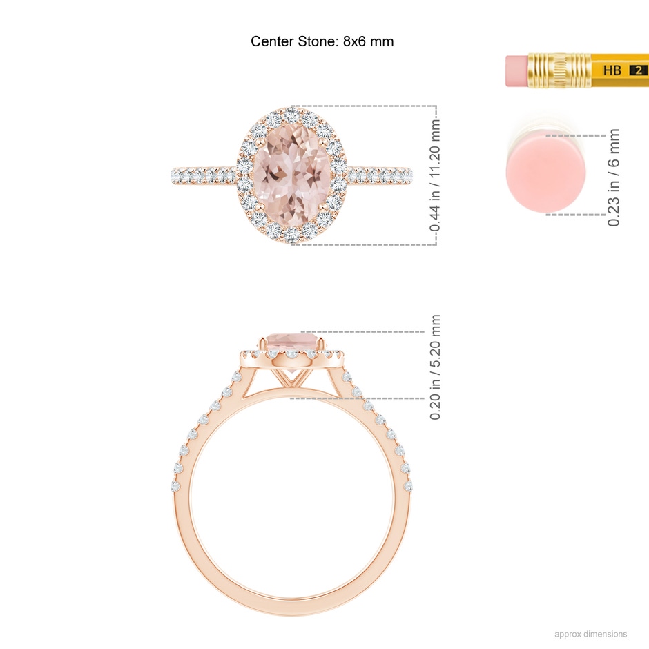 8x6mm AAA Oval Morganite Halo Ring with Diamond Accents in Rose Gold ruler