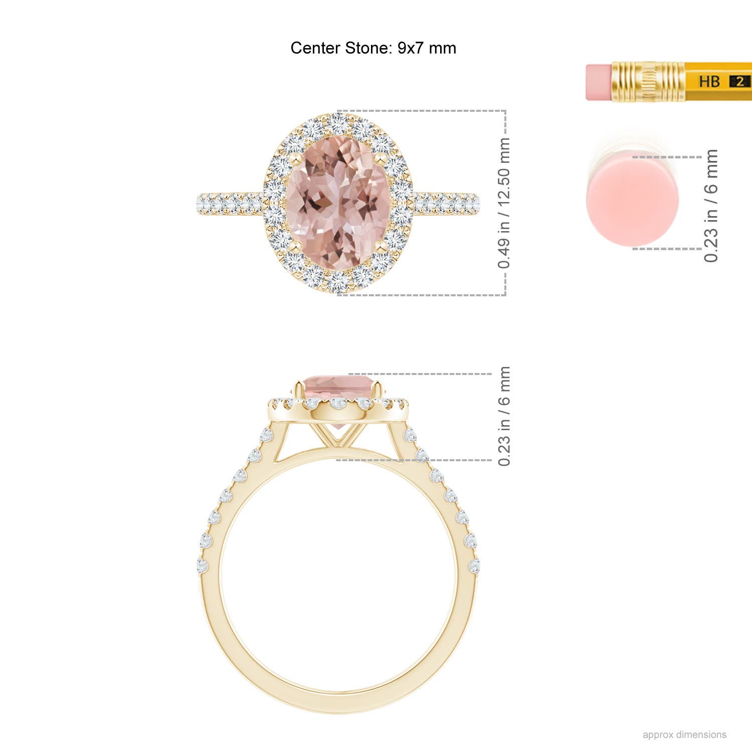 9x7mm AAA Oval Morganite Halo Ring with Diamond Accents in 18K Yellow Gold - ruler