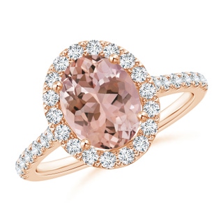 9x7mm AAAA Oval Morganite Halo Ring with Diamond Accents in 18K Rose Gold