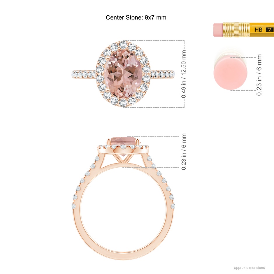 9x7mm AAAA Oval Morganite Halo Ring with Diamond Accents in Rose Gold ruler