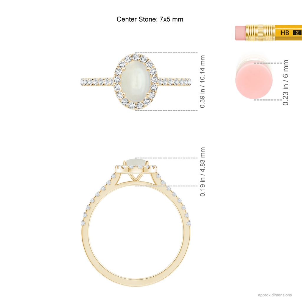 7x5mm AAAA Oval Moonstone Halo Ring with Diamond Accents in Yellow Gold Ruler