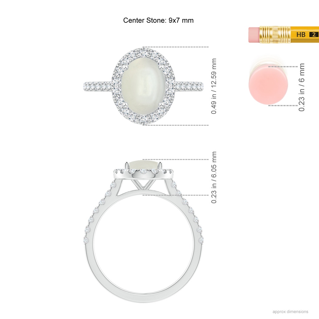 9x7mm AAAA Oval Moonstone Halo Ring with Diamond Accents in White Gold Ruler