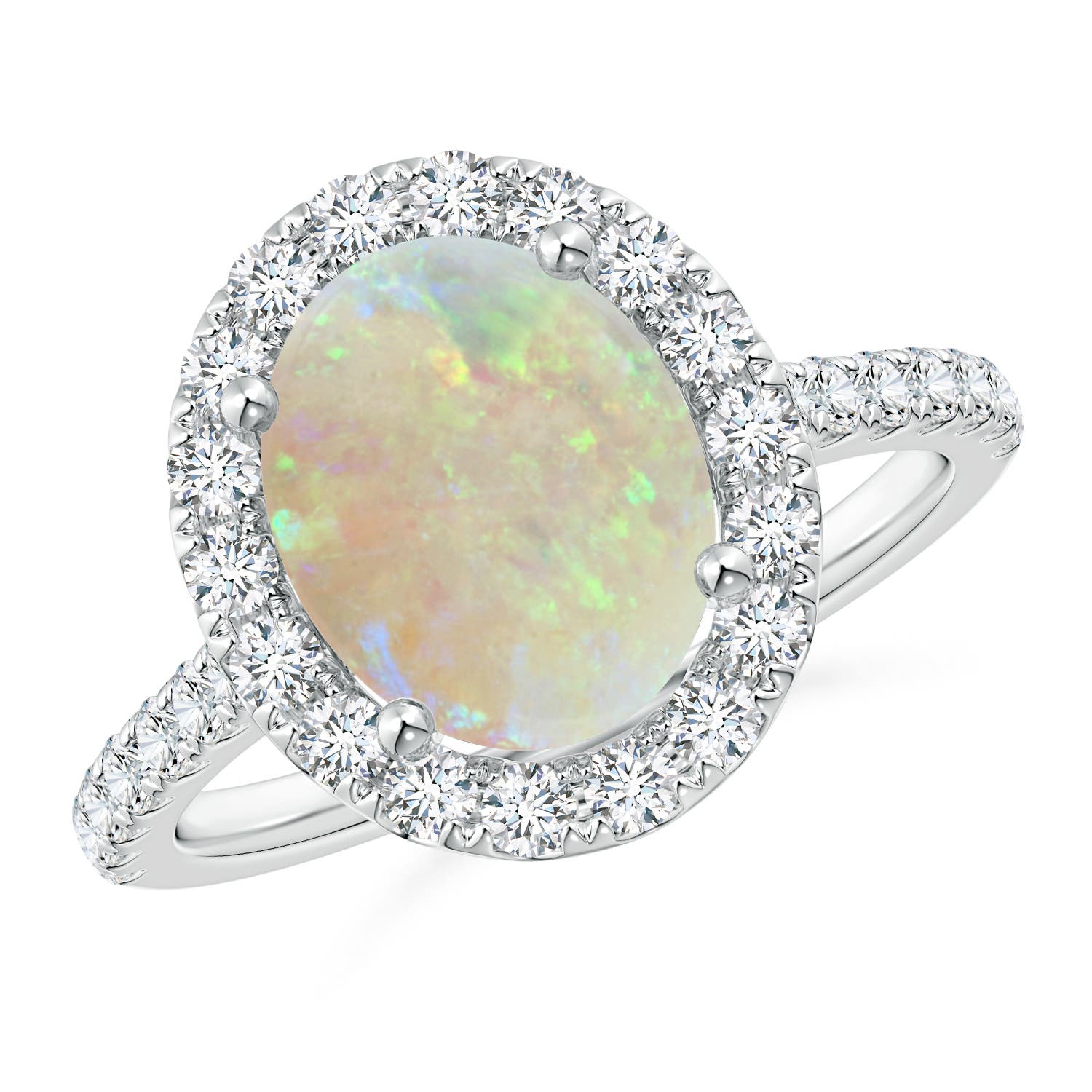 10x8mm AAA Prong-Set Oval Opal Halo Ring with Diamond Accents in 18K White Gold