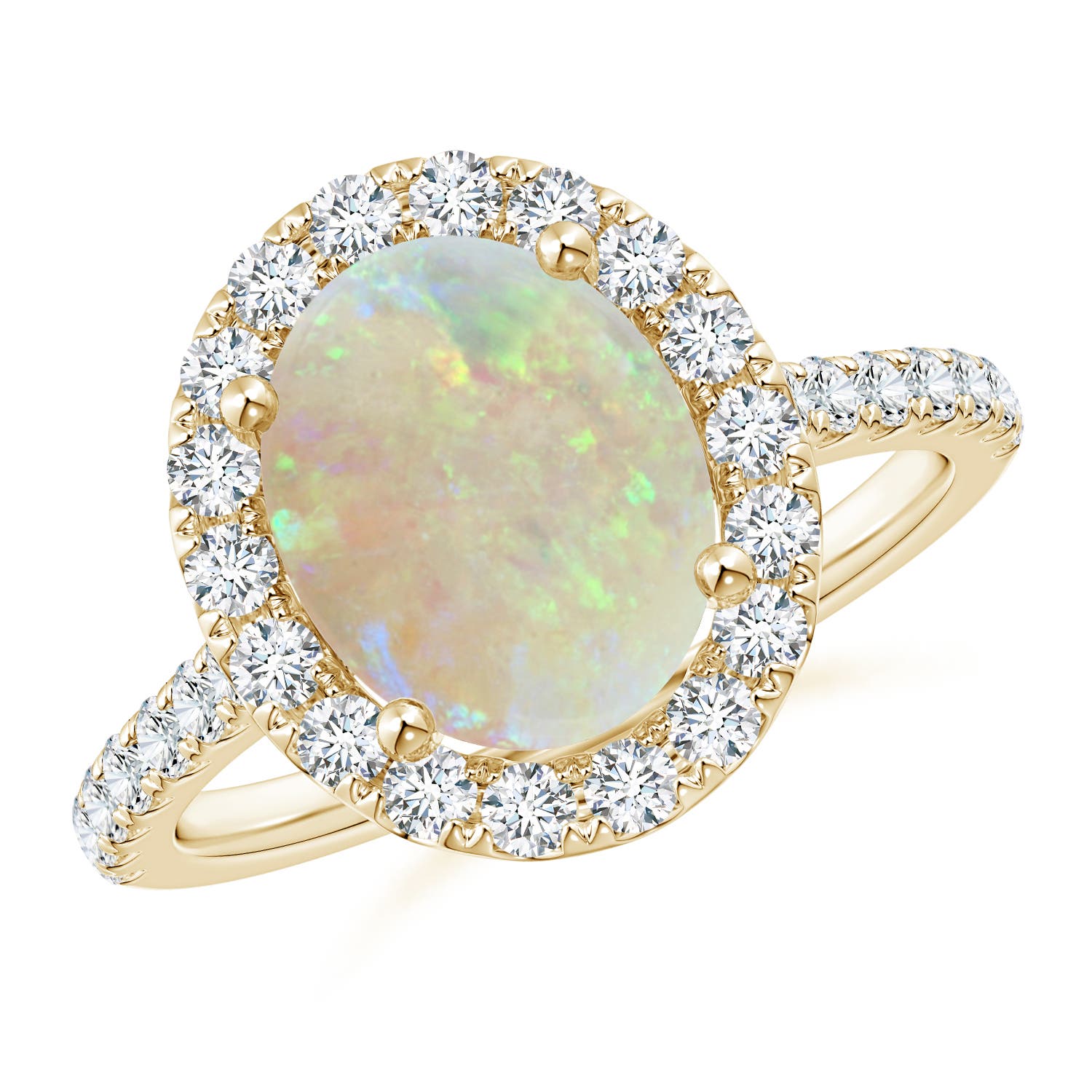 10x8mm AAA Prong-Set Oval Opal Halo Ring with Diamond Accents in 18K Yellow Gold