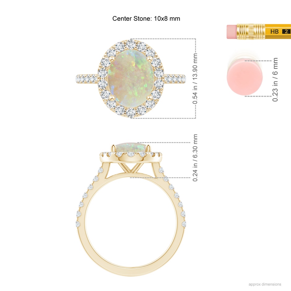 10x8mm AAA Prong-Set Oval Opal Halo Ring with Diamond Accents in Yellow Gold ruler