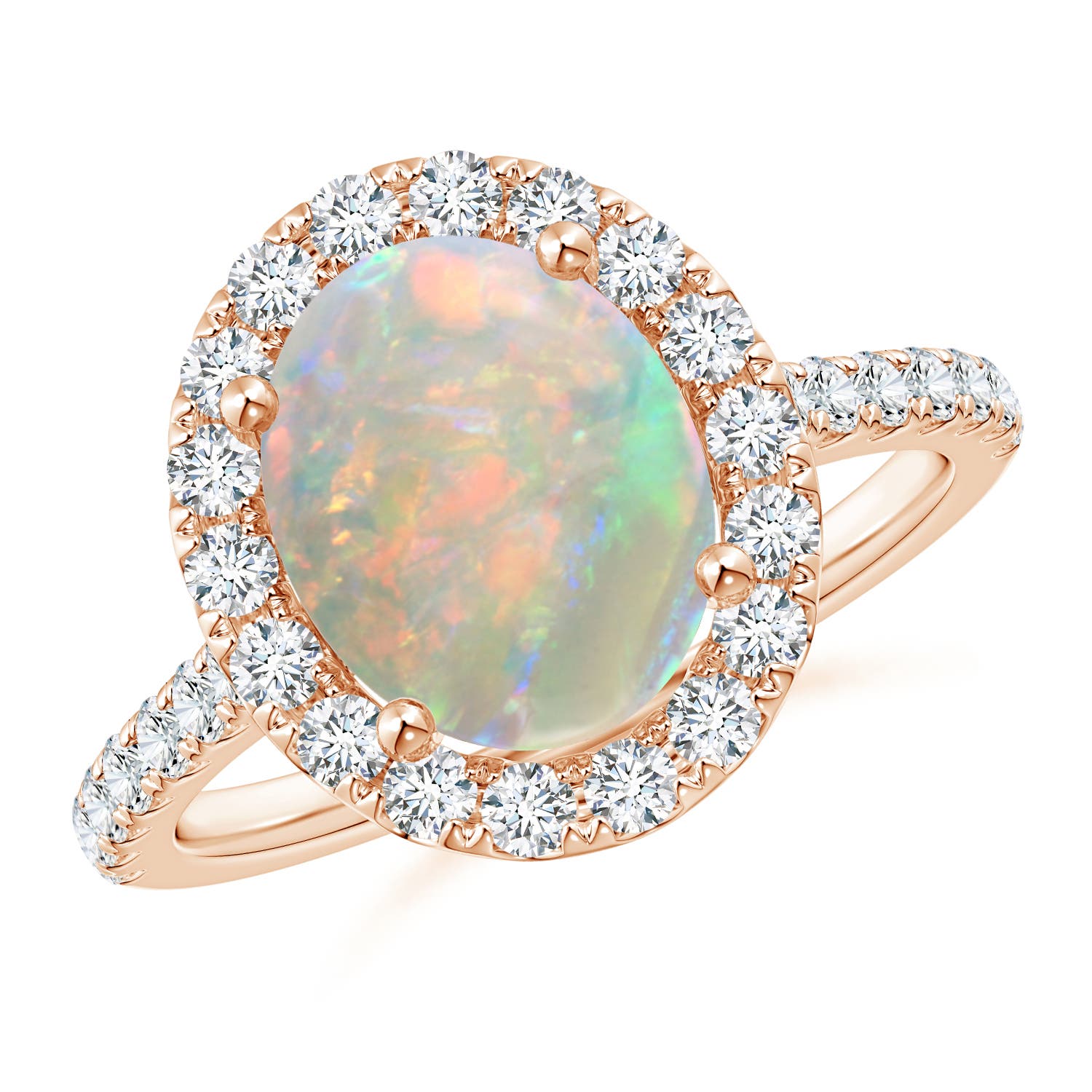 10x8mm AAAA Prong-Set Oval Opal Halo Ring with Diamond Accents in 18K Rose Gold