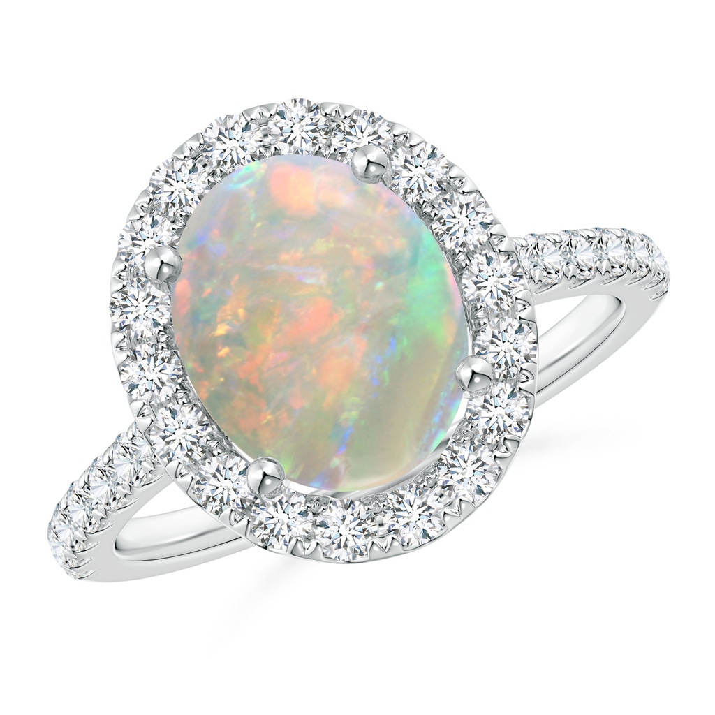10x8mm AAAA Prong-Set Oval Opal Halo Ring with Diamond Accents in 18K White Gold
