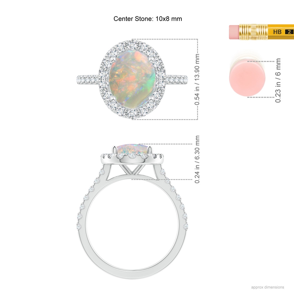 10x8mm AAAA Prong-Set Oval Opal Halo Ring with Diamond Accents in 18K White Gold ruler
