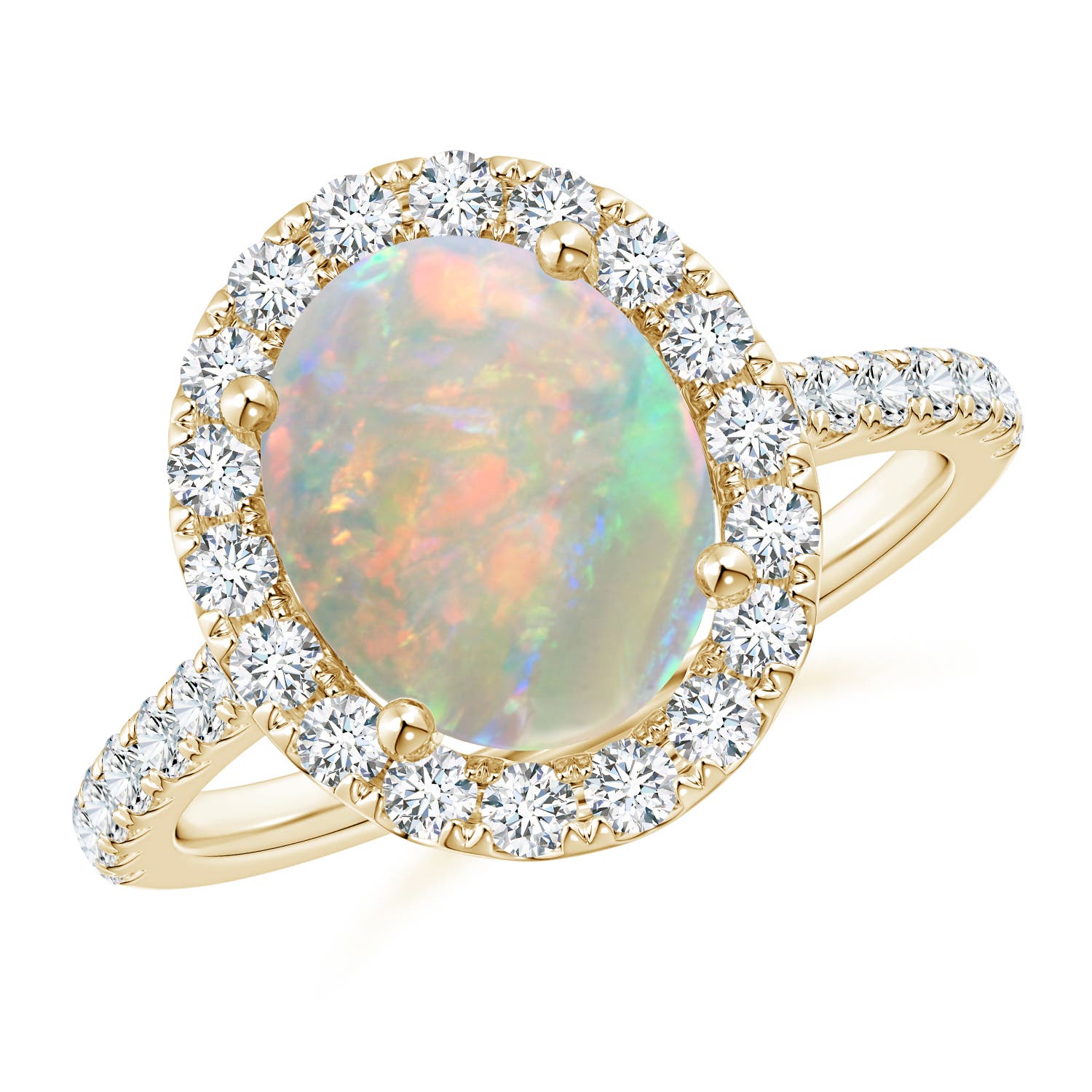 10x8mm AAAA Prong-Set Oval Opal Halo Ring with Diamond Accents in 18K Yellow Gold