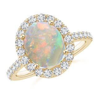 10x8mm AAAA Oval Opal Halo Ring with Diamond Accents in Yellow Gold