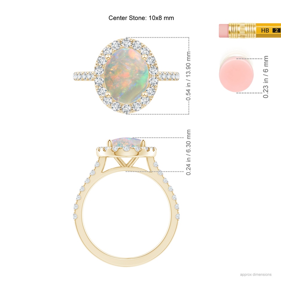 10x8mm AAAA Prong-Set Oval Opal Halo Ring with Diamond Accents in Yellow Gold ruler