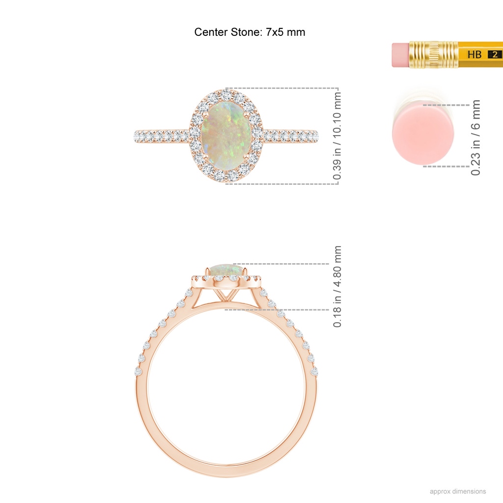 7x5mm AAA Oval Opal Halo Ring with Diamond Accents in Rose Gold Ruler