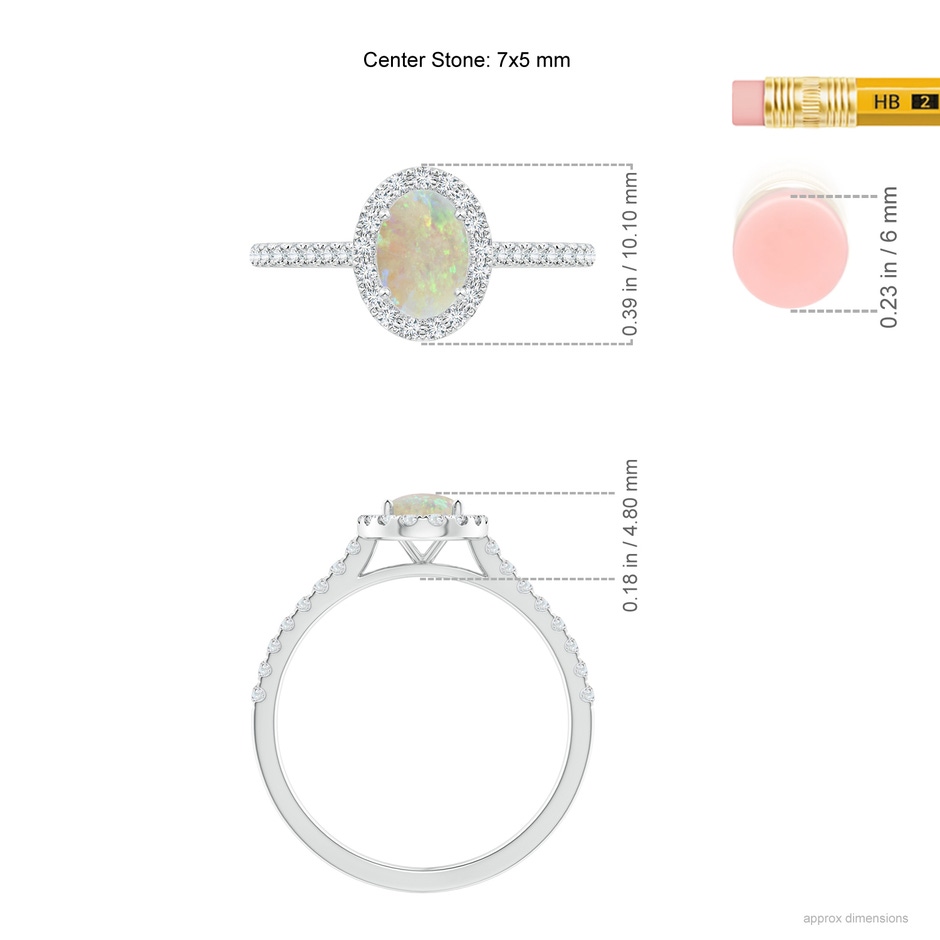 7x5mm AAA Prong-Set Oval Opal Halo Ring with Diamond Accents in White Gold ruler