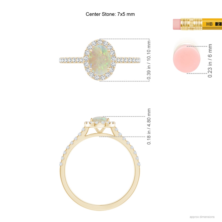 7x5mm AAA Prong-Set Oval Opal Halo Ring with Diamond Accents in Yellow Gold ruler
