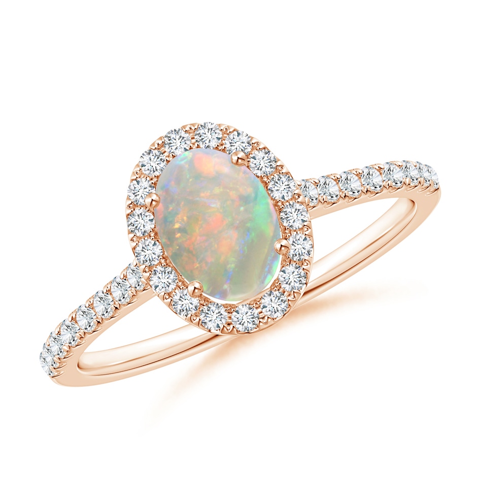 7x5mm AAAA Prong-Set Oval Opal Halo Ring with Diamond Accents in 9K Rose Gold 