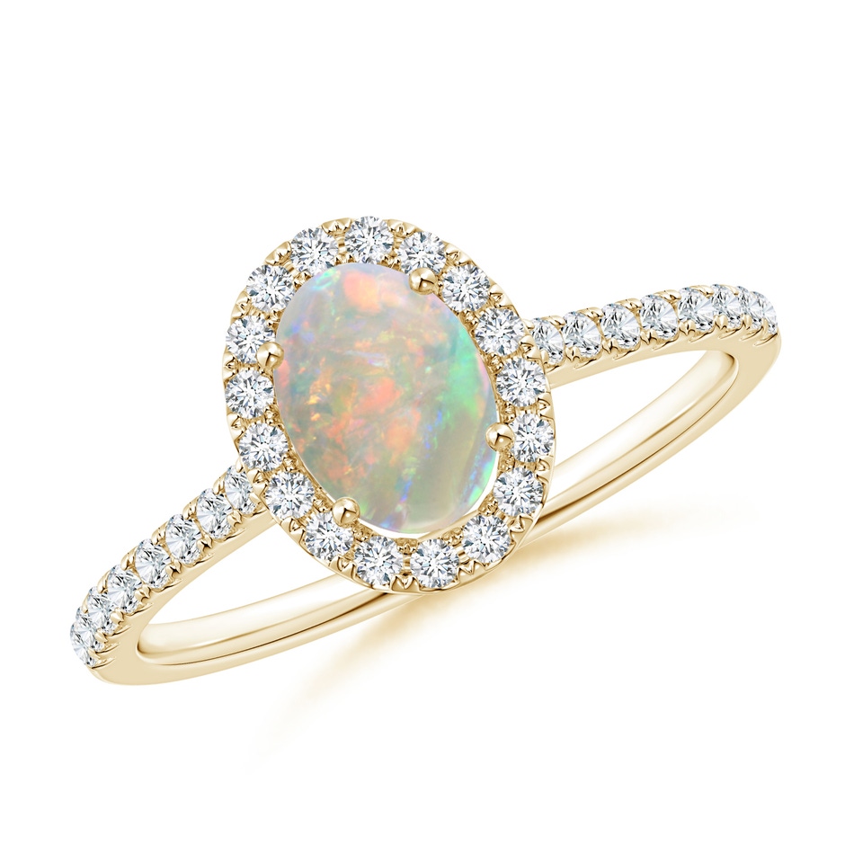 7x5mm AAAA Prong-Set Oval Opal Halo Ring with Diamond Accents in 9K Yellow Gold 