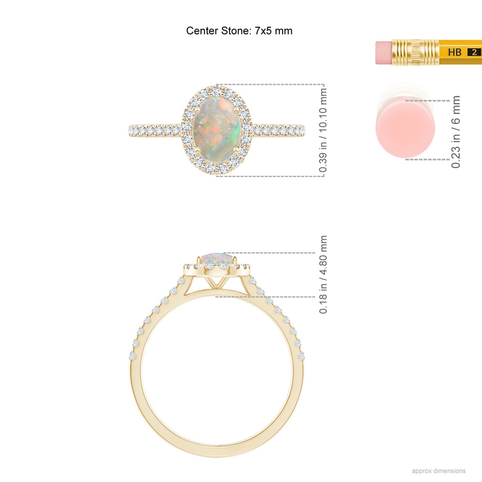 7x5mm AAAA Prong-Set Oval Opal Halo Ring with Diamond Accents in 9K Yellow Gold ruler