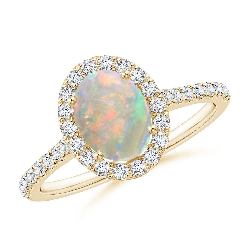 8x6mm AAAA Prong-Set Oval Opal Halo Ring with Diamond Accents in Yellow Gold 