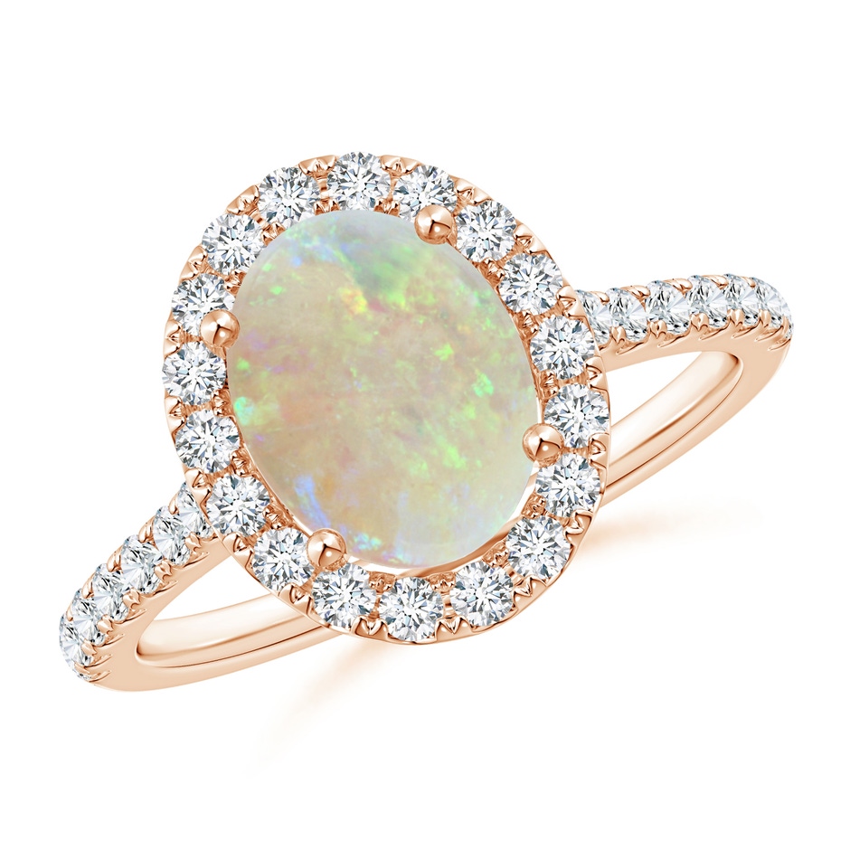 9x7mm AAA Prong-Set Oval Opal Halo Ring with Diamond Accents in Rose Gold 