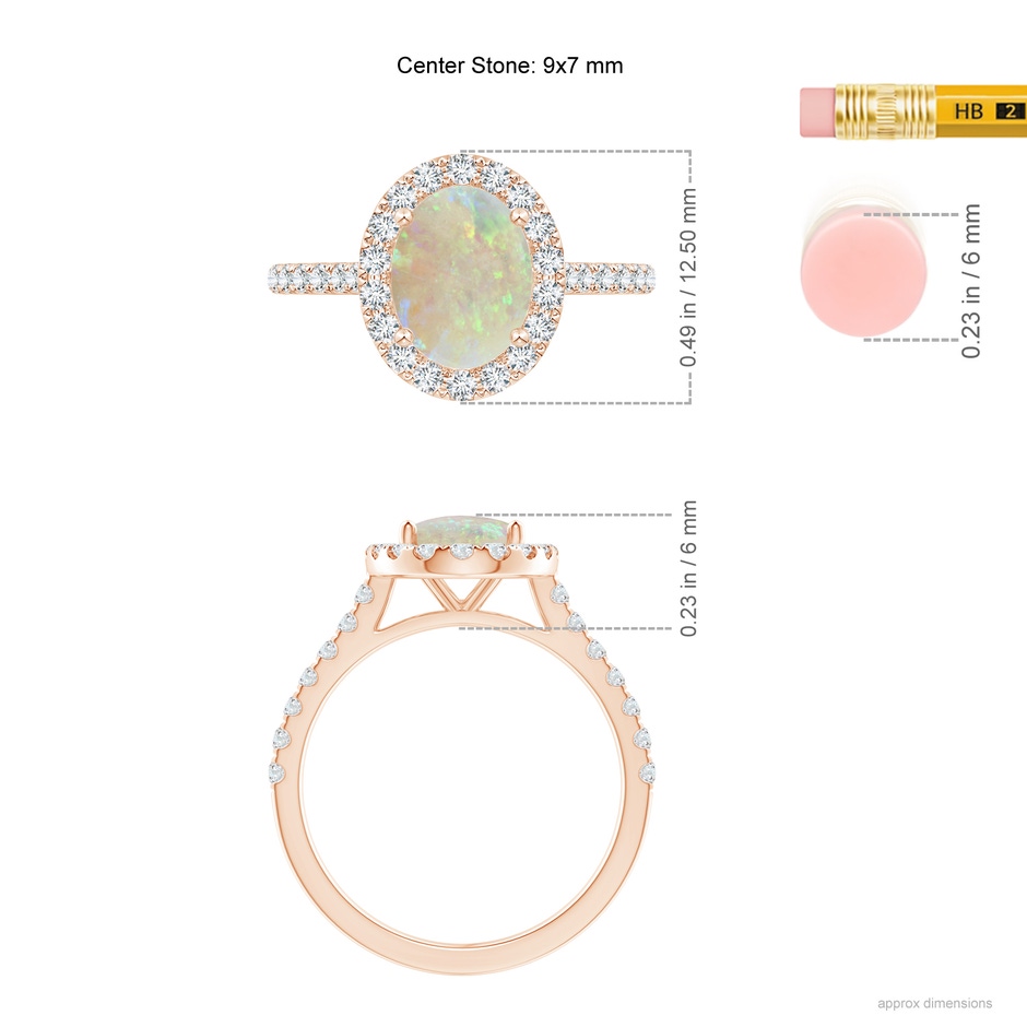9x7mm AAA Prong-Set Oval Opal Halo Ring with Diamond Accents in Rose Gold ruler