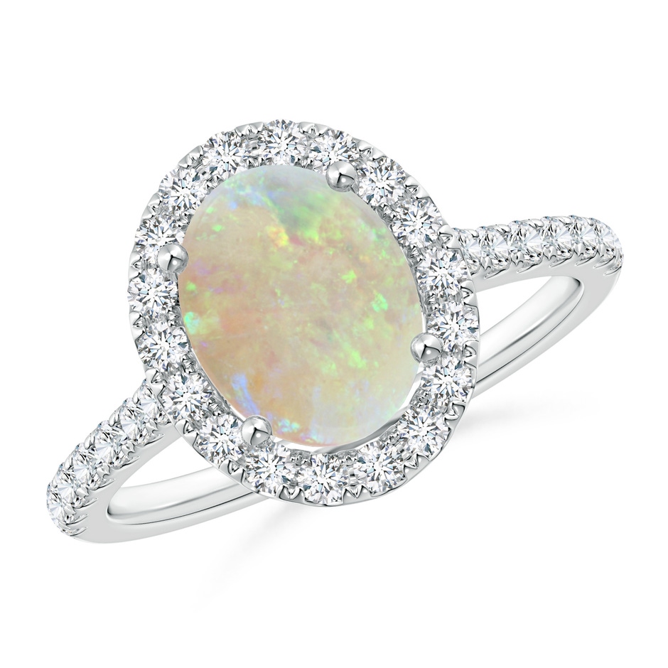 9x7mm AAA Prong-Set Oval Opal Halo Ring with Diamond Accents in White Gold 