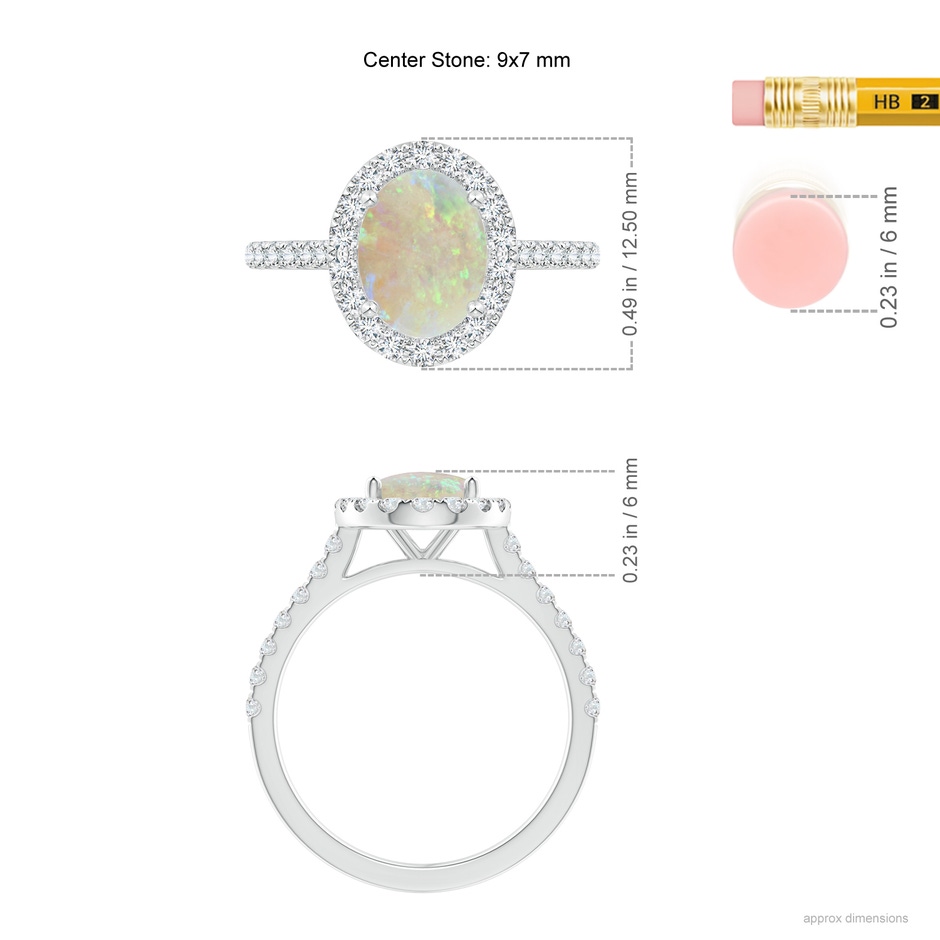 9x7mm AAA Prong-Set Oval Opal Halo Ring with Diamond Accents in White Gold ruler