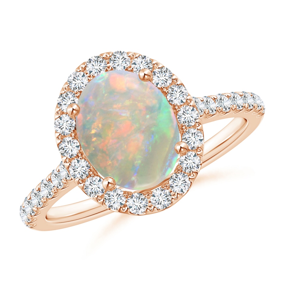 9x7mm AAAA Prong-Set Oval Opal Halo Ring with Diamond Accents in Rose Gold 