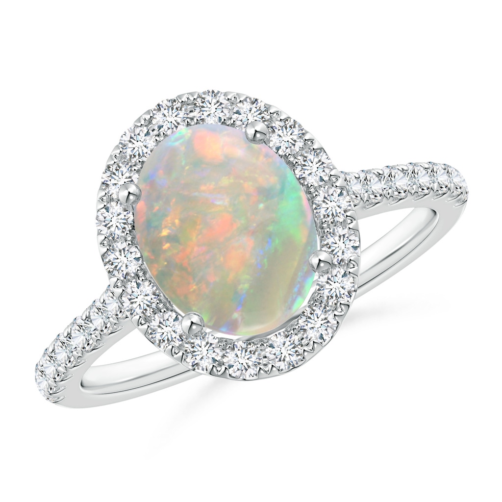 9x7mm AAAA Oval Opal Halo Ring with Diamond Accents in White Gold