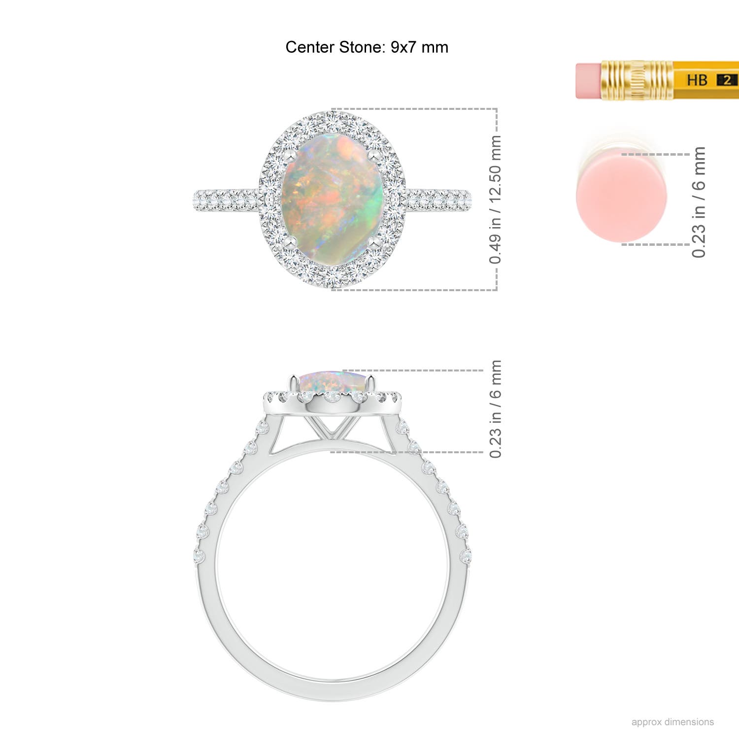 9x7mm AAAA Prong-Set Oval Opal Halo Ring with Diamond Accents in White Gold - ruler