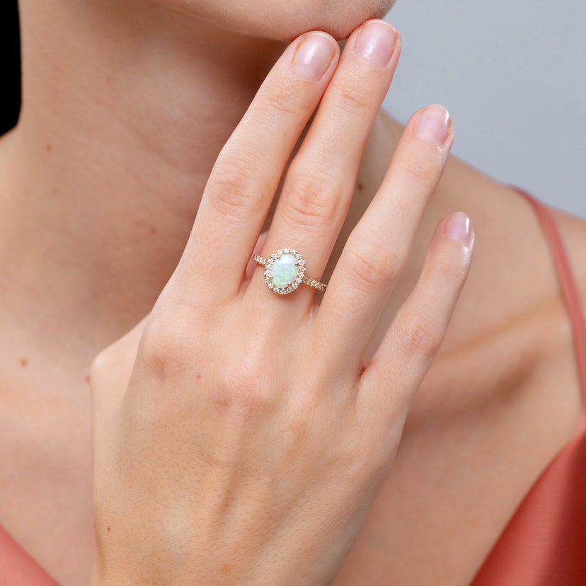 Prong-Set Oval Opal Halo Ring with Diamond Accents