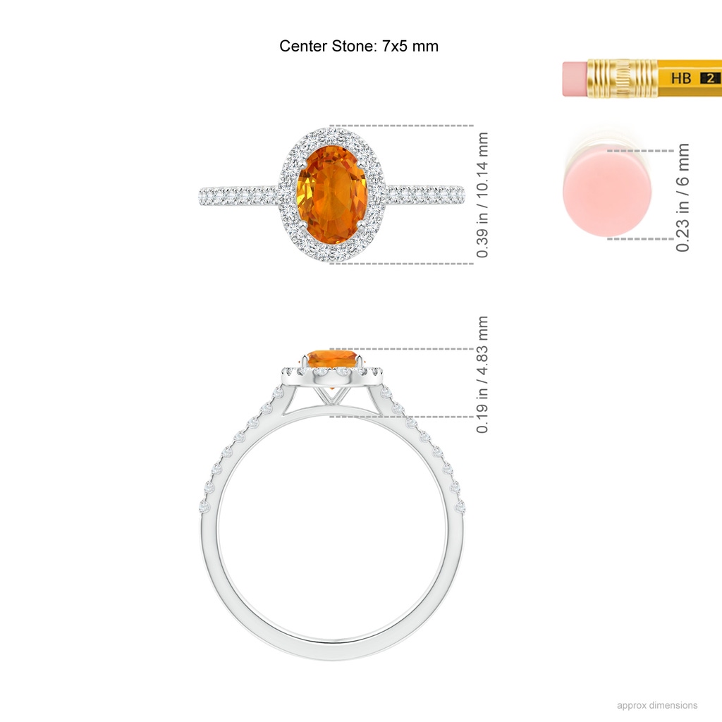 7x5mm AAA Oval Orange Sapphire Halo Ring with Diamond Accents in White Gold Ruler