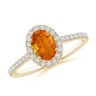 7x5mm AAA Oval Orange Sapphire Halo Ring with Diamond Accents in Yellow Gold