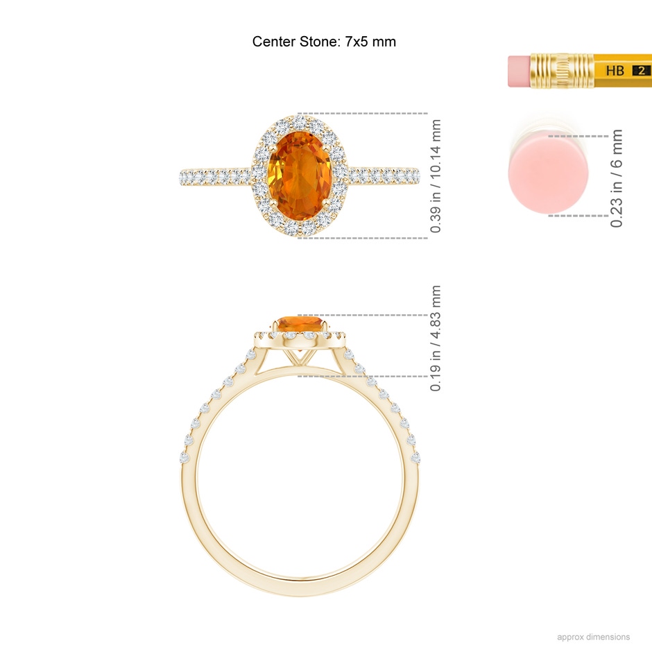 7x5mm AAA Oval Orange Sapphire Halo Ring with Diamond Accents in Yellow Gold ruler