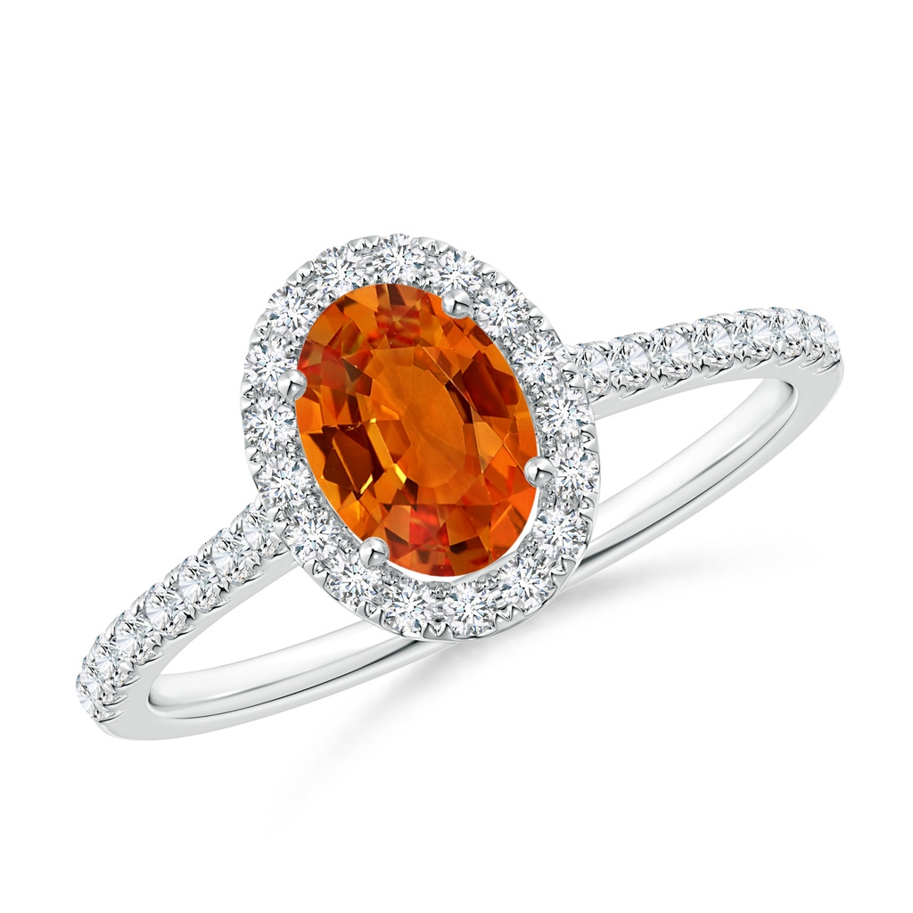 7x5mm AAAA Oval Orange Sapphire Halo Ring with Diamond Accents in P950 Platinum