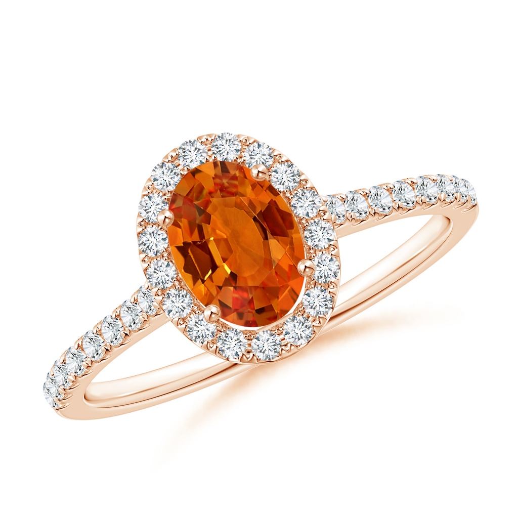 7x5mm AAAA Oval Orange Sapphire Halo Ring with Diamond Accents in Rose Gold