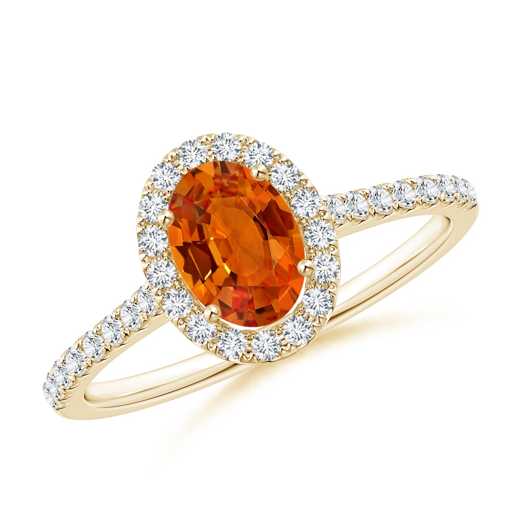 7x5mm AAAA Oval Orange Sapphire Halo Ring with Diamond Accents in Yellow Gold