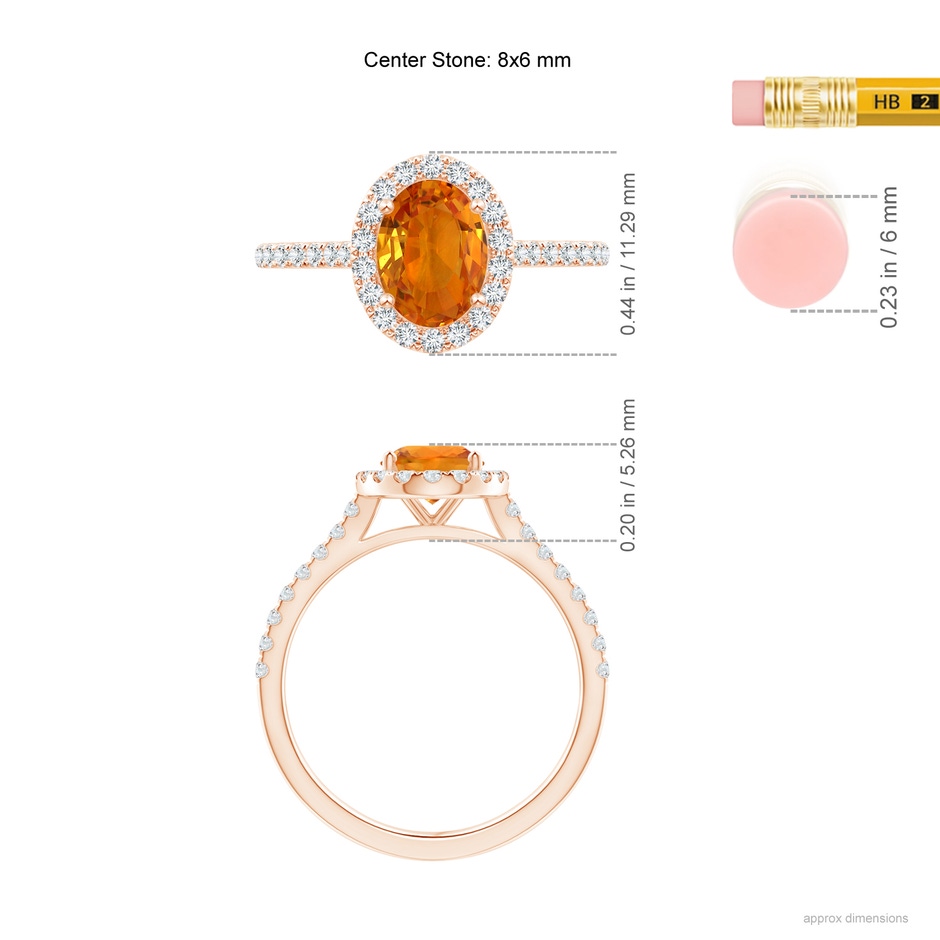 8x6mm AAA Oval Orange Sapphire Halo Ring with Diamond Accents in Rose Gold ruler