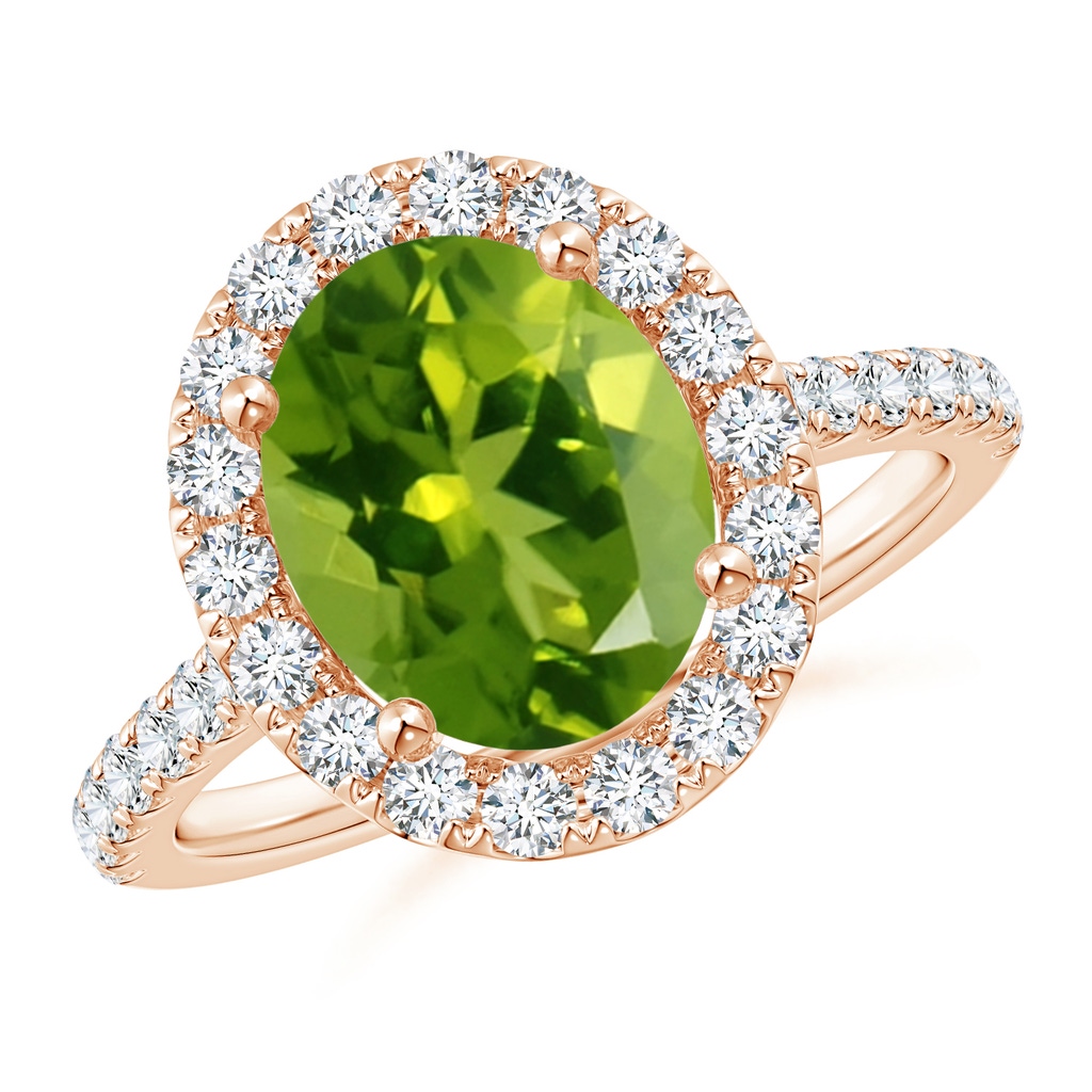 10x8mm AAAA Oval Peridot Halo Ring with Diamond Accents in Rose Gold