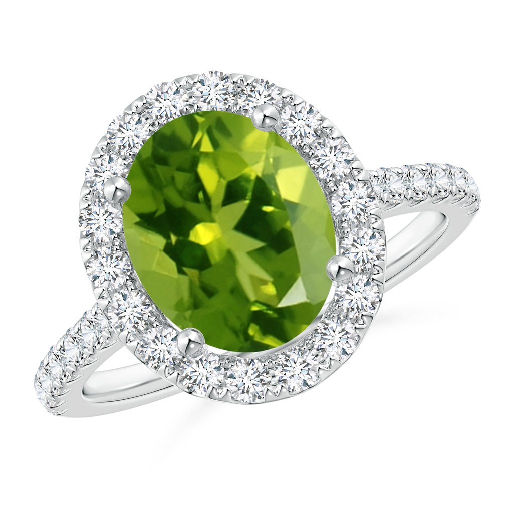 10x8mm AAAA Oval Peridot Halo Ring with Diamond Accents in White Gold