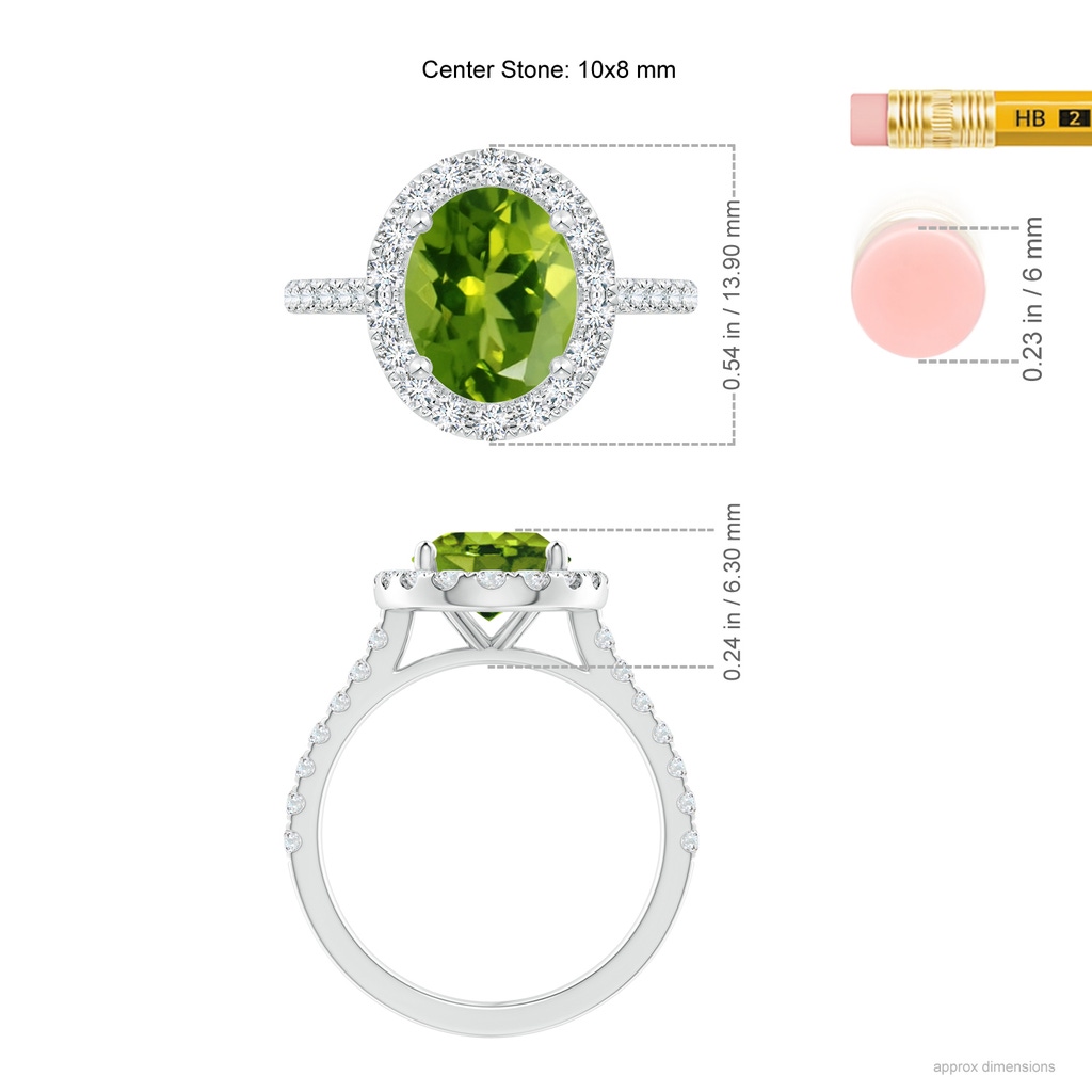10x8mm AAAA Oval Peridot Halo Ring with Diamond Accents in White Gold Ruler