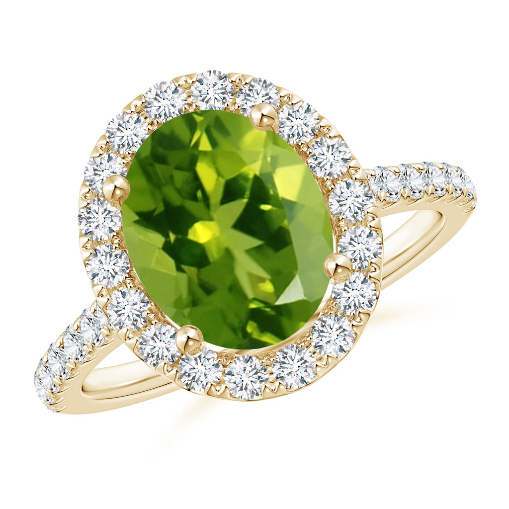 10x8mm AAAA Oval Peridot Halo Ring with Diamond Accents in Yellow Gold