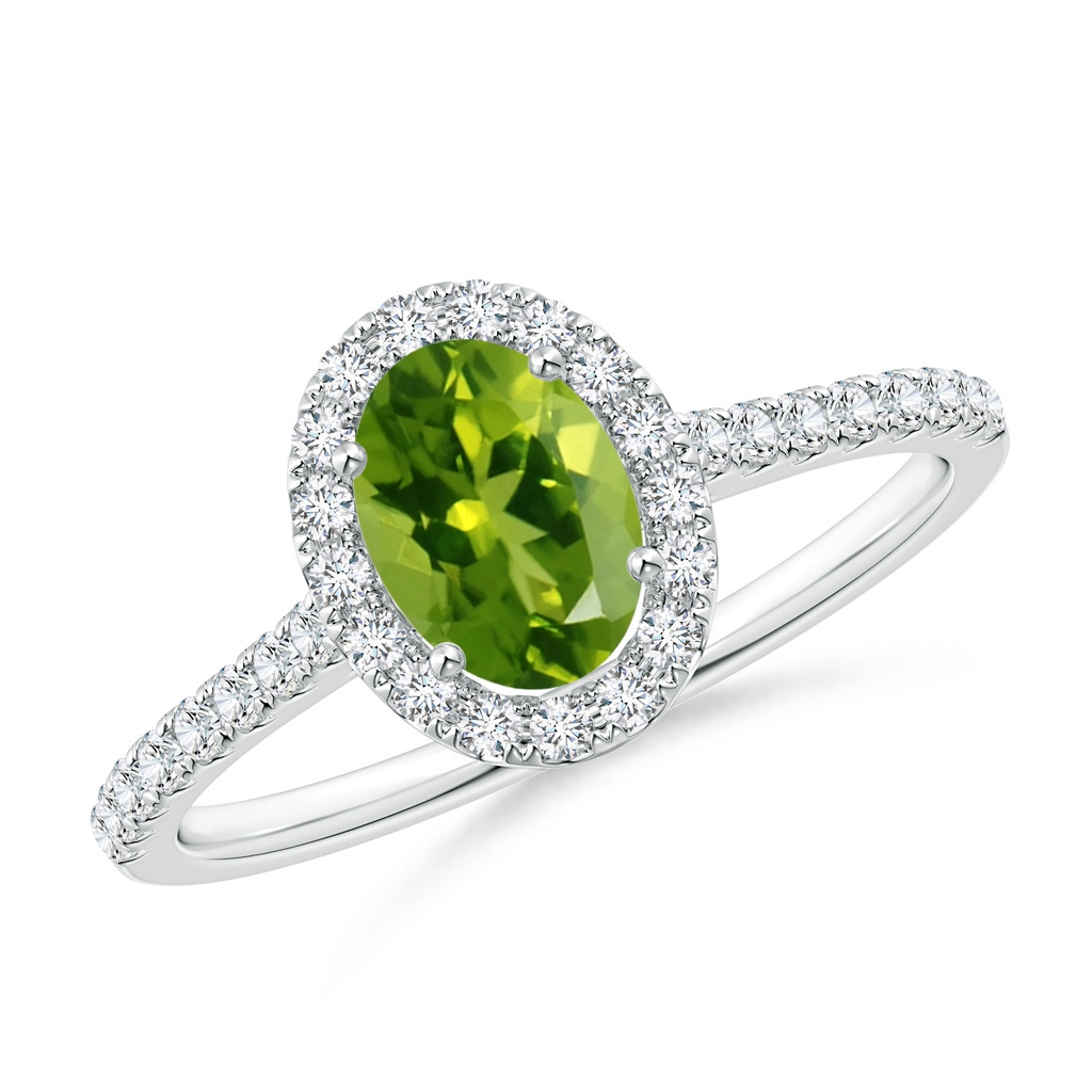 7x5mm AAAA Oval Peridot Halo Ring with Diamond Accents in White Gold