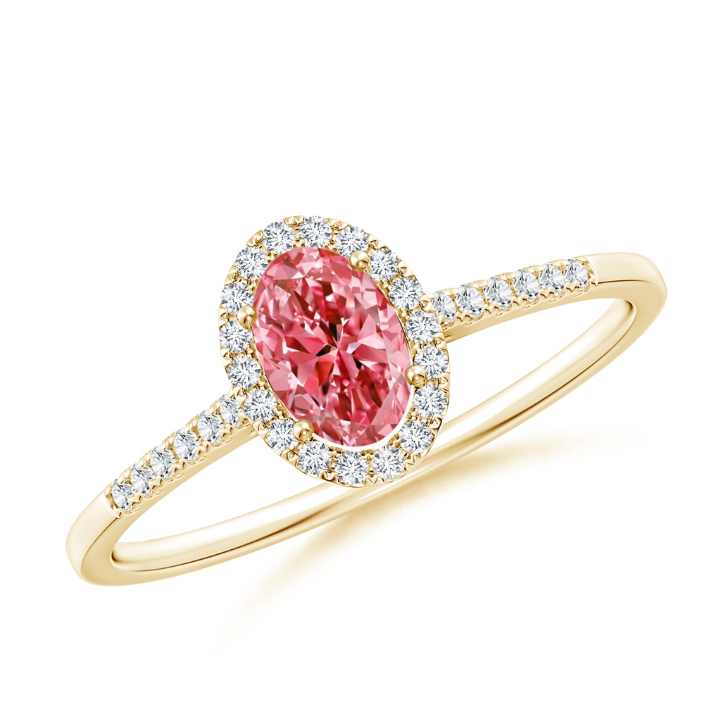 6x4mm AAAA Oval Fancy Intense Pink Diamond Halo Ring in Yellow Gold