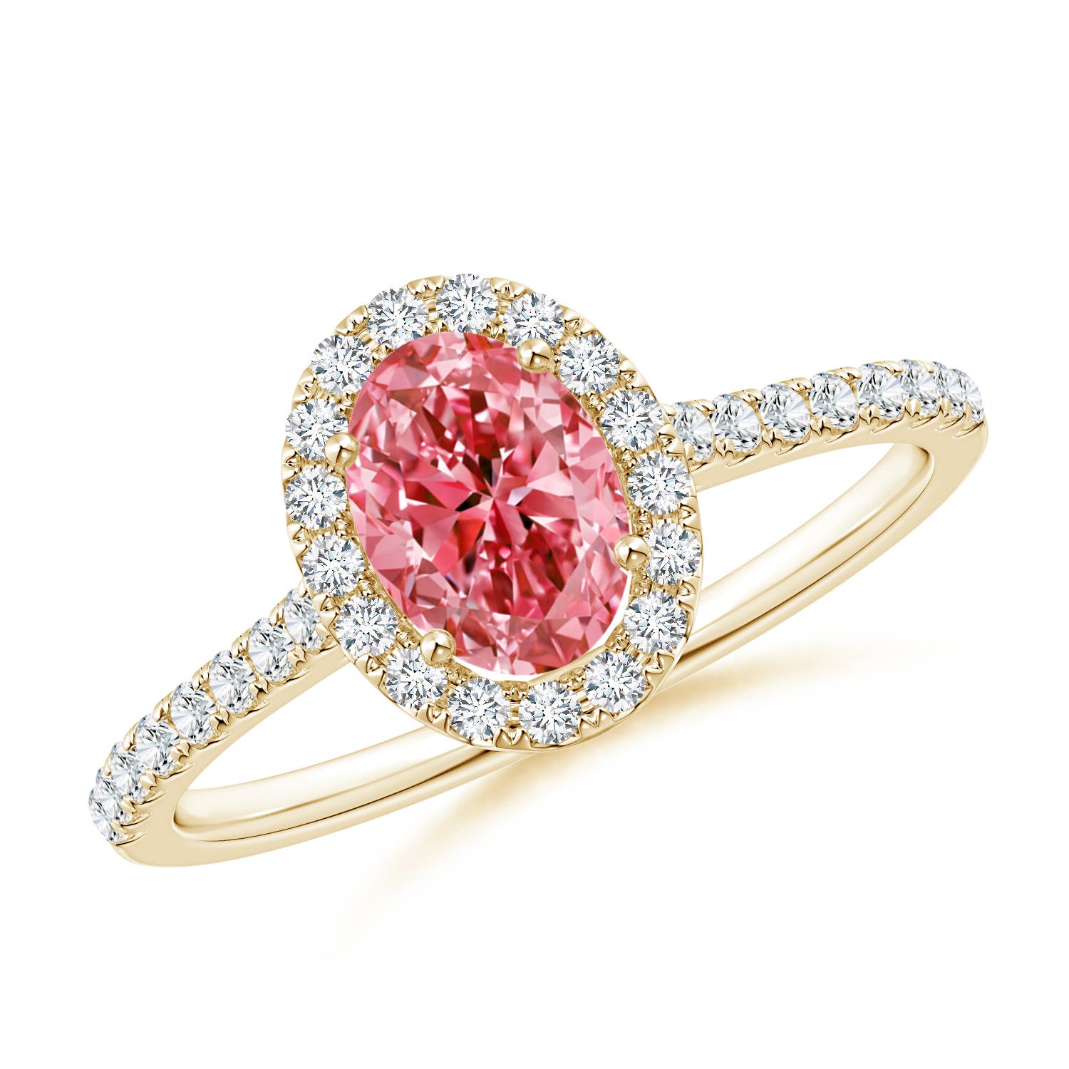 Angara 1.02 CTW Prong-Set Oval Fancy Intense Pink Diamond Halo Engagement Ring with Accents in 18K Yellow Gold
