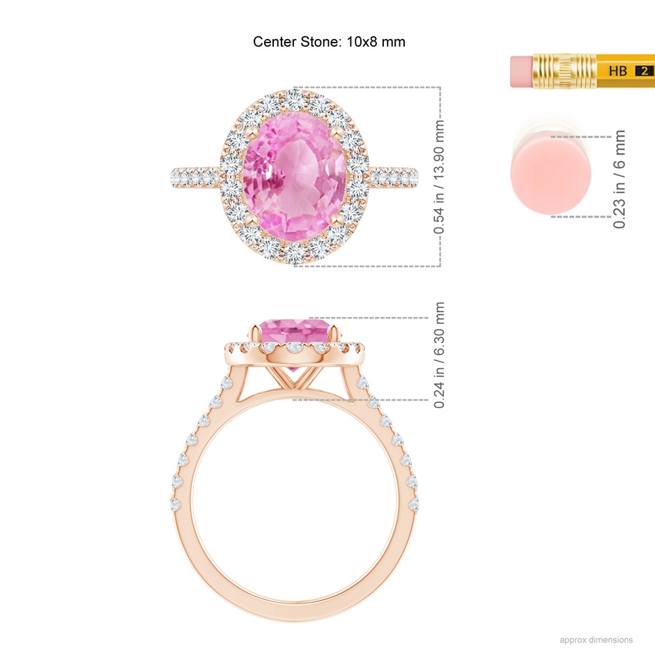 10x8mm A Oval Pink Sapphire Halo Ring with Diamond Accents in Rose Gold ruler