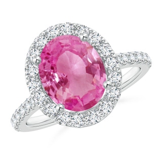 10x8mm AAA Oval Pink Sapphire Halo Ring with Diamond Accents in P950 Platinum